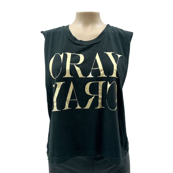 Forever 21 Black Sleeveless Graphic Crop Tank Top "Cray"‎ Gold Print Womens S - Picture 1 of 9